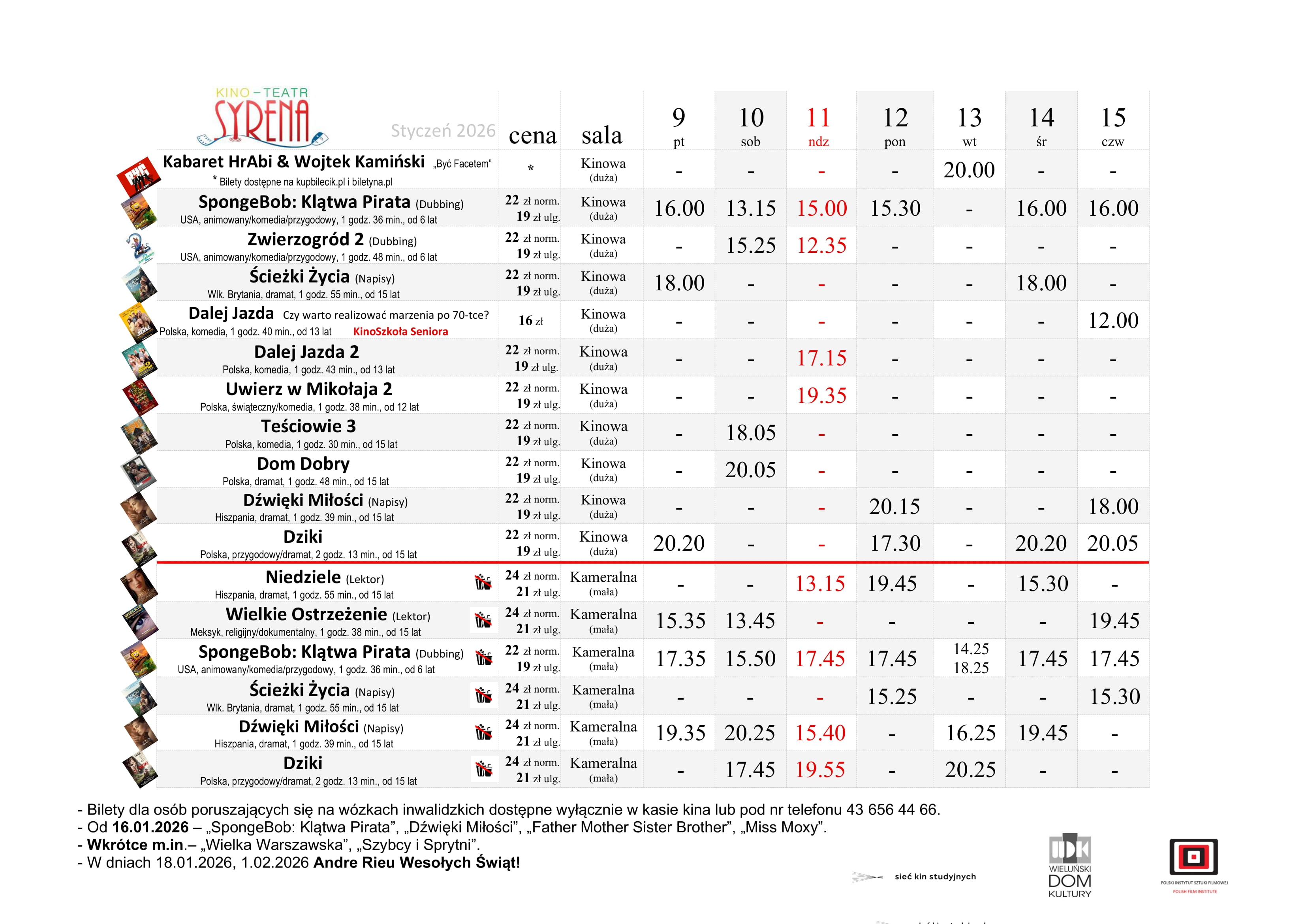 Sprawdzamy repertuar kina Syrena w Wieluniu na okres od 9 do 15 stycznia 2026