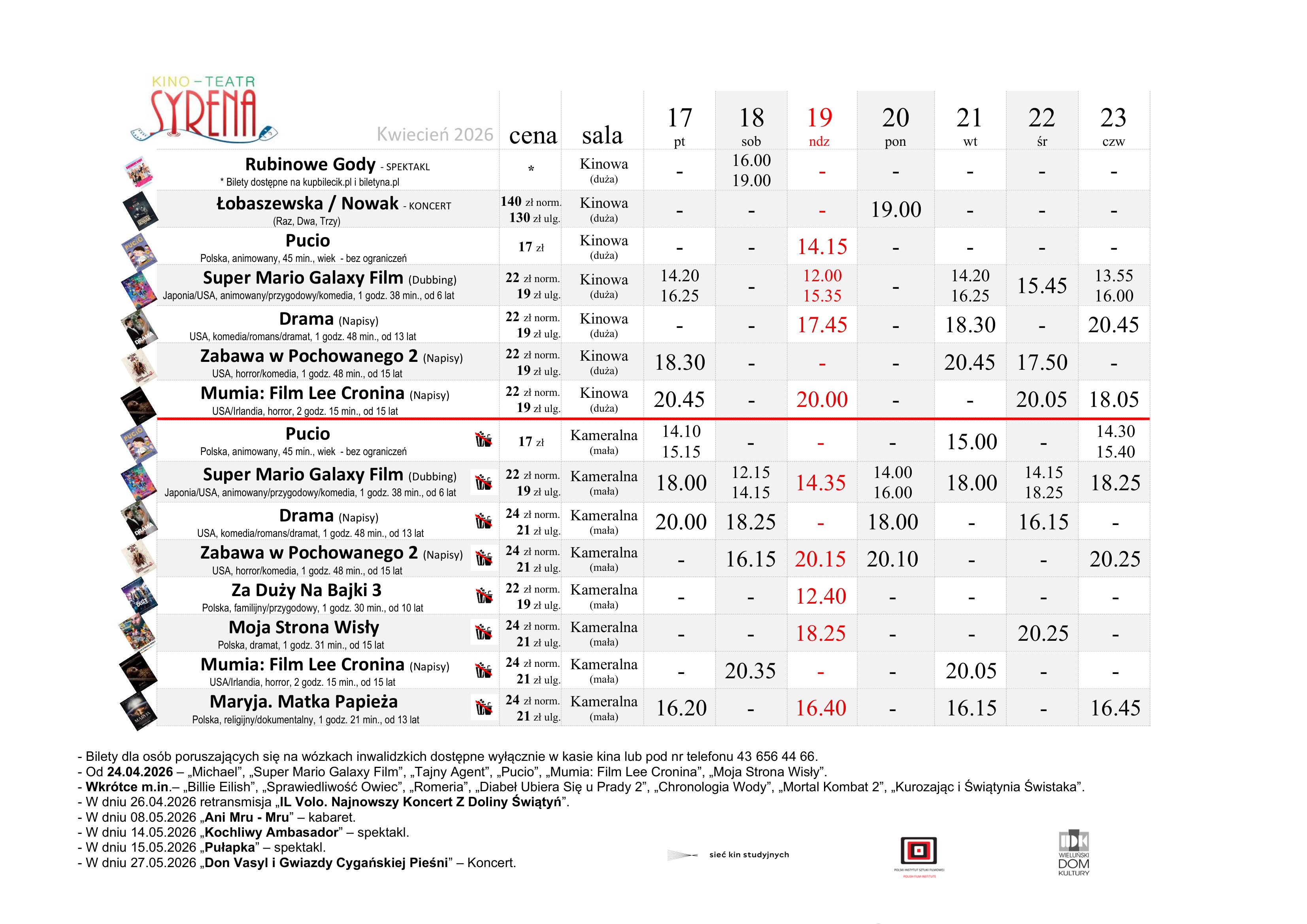 Wieluń: Spektakle, koncert i kinowe premiery. Syrena zaprasza (17–23 kwietnia 2026)