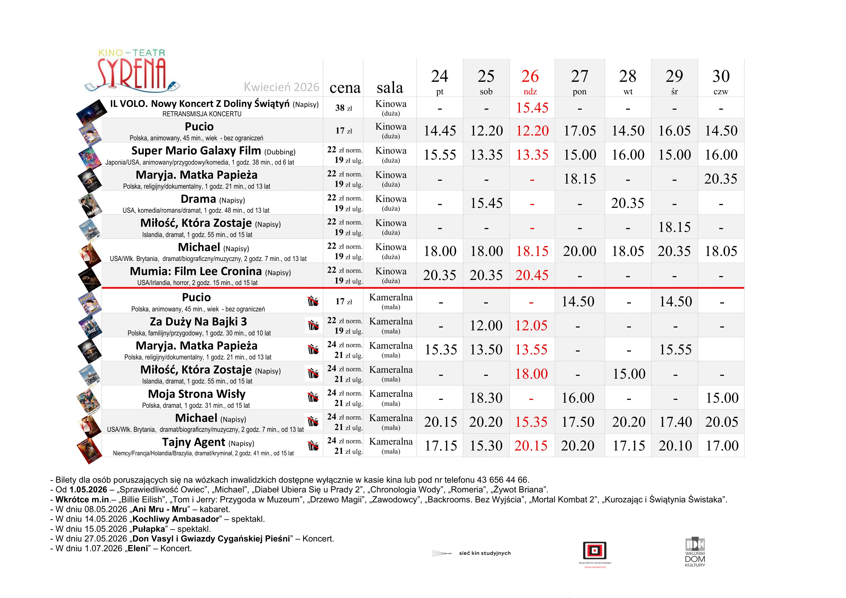 Wieluń: Muzyka z Doliny Świątyń i król popu na ekranie. Repertuar Syreny (24–30 kwietnia)